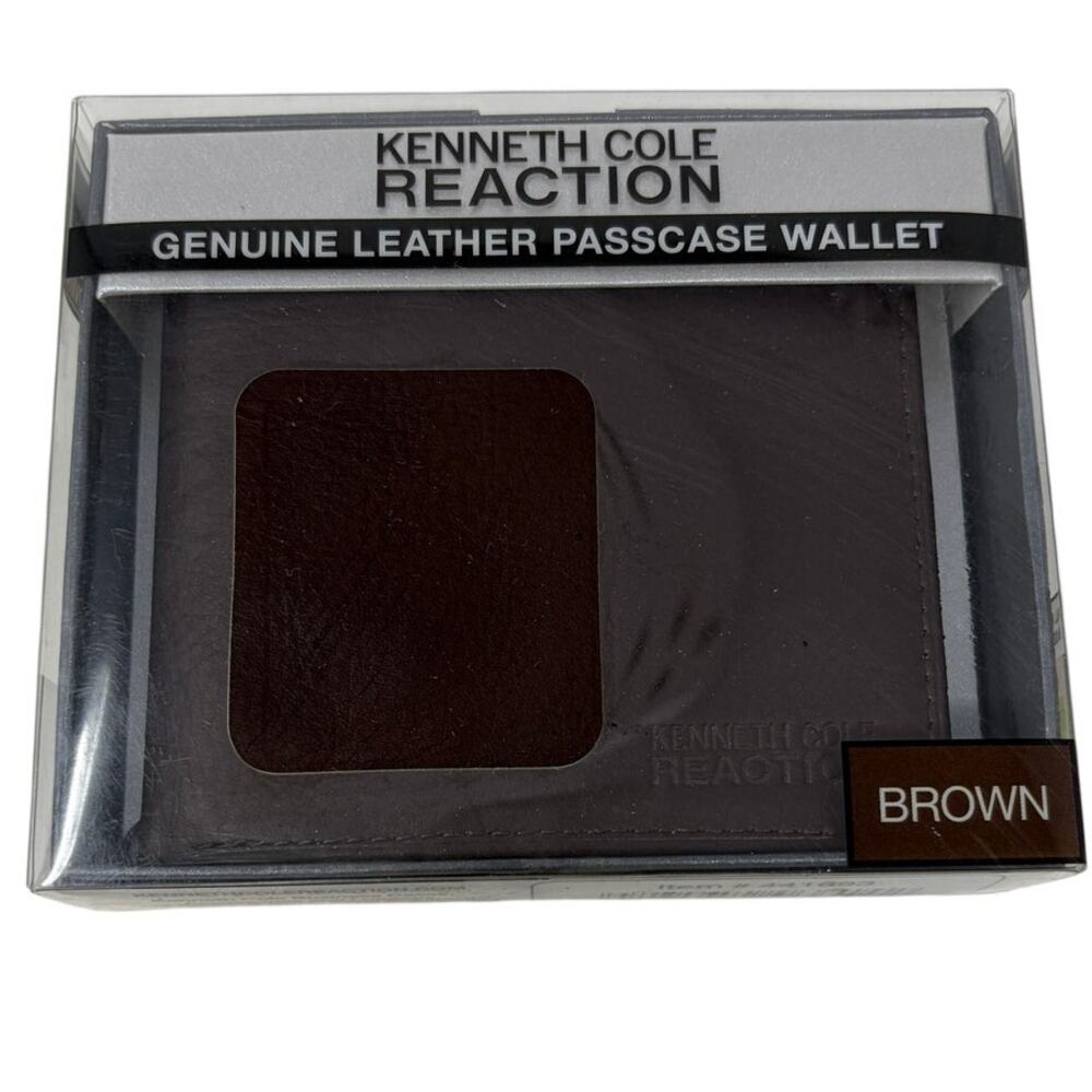 Kenneth Cole Reaction Brown Genuine Leather Passcase Wallet ID Card Holder NEW